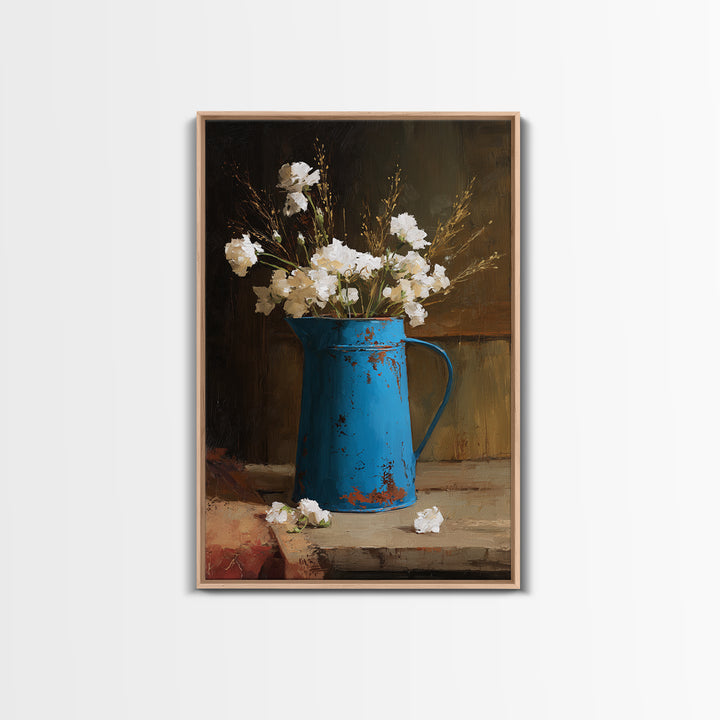 Blue Enamel Pitcher Framed Canvas Print, Farmhouse Art, Landscape Painting, Farmhouse Decor, Watercolor Art, Harvest, FAR-2x3-24