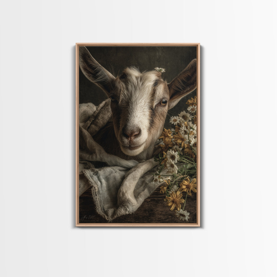Goat Portrait with Playful Expression Framed Canvas Print, Farmhouse Art, Boho Decor, Farmhouse Decor, Fine Art, Harvest, FAR-2x3-26