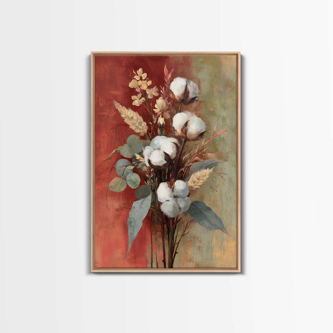 Farmhouse Wreath of Cotton Stems and Eucalyptus Framed Canvas Print, Farmhouse Art, Farmhouse Decor, Fine Art, Harvest, FAR-2x3-28