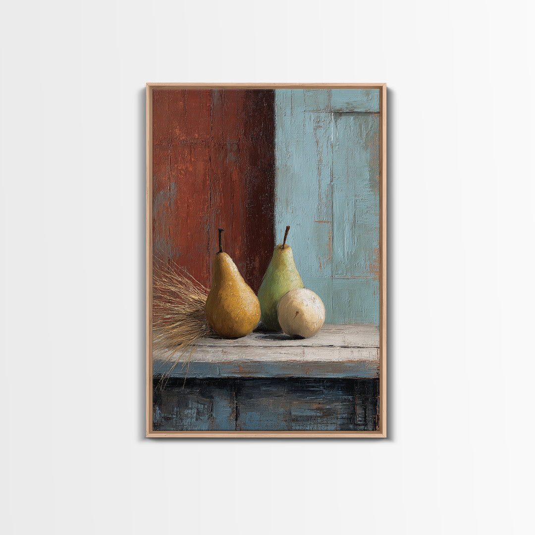 Rustic Pear Still Life on Plank Wood Framed Canvas Print, Farmhouse Art, Landscape Art, Farmhouse Decor, Fine Art, Harvest, FAR-2x3-3
