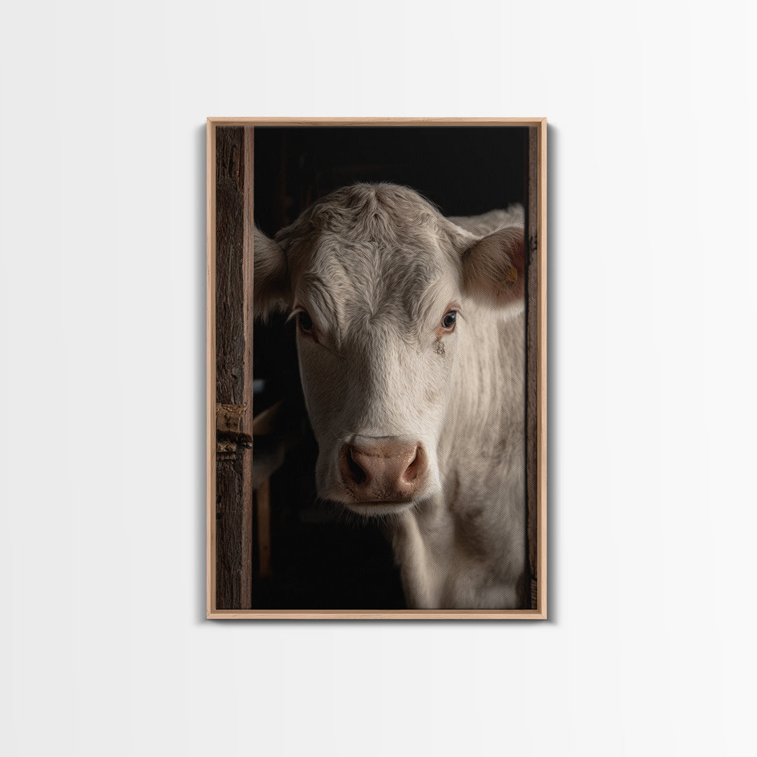 White Cow Portrait Framed Canvas Print, Farmhouse Art, Printable Wall Art, Farmhouse Decor, Fine Art, Harvest, Black Wall Art, FAR-2x3-33