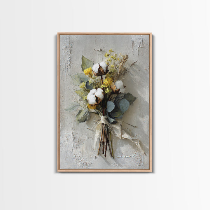Farmhouse Wreath of Cotton Stems and Eucalyptus Canvas Print, Farmhouse Art, Statement Artwork, Farmhouse Decor, Harvest, FAR-2x3-4