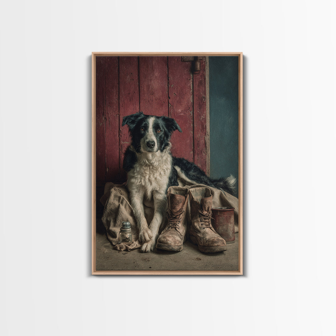 Farm Dog Lying Beside Weathered Boots Framed Canvas Print, Farmhouse Art, Wall Decor, Farmhouse Decor, Abstract Art, Harvest, FAR-2x3-41