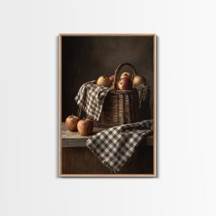 Apple Basket with Gingham Cloth Framed Canvas Print, Farmhouse Art, Contemporary Art, Farmhouse Decor, Fine Art, Harvest, FAR-2x3-43