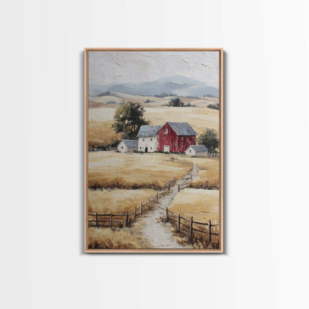 Country Landscape with Fence and Rolling Hills Framed Canvas Print, Farmhouse Art, Textured Painting, Farmhouse Decor, Harvest, FAR-2x3-46
