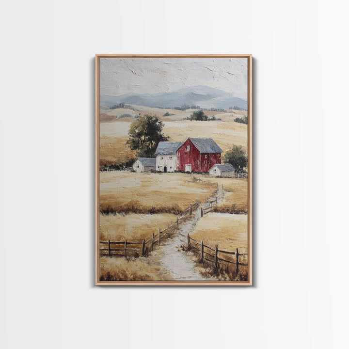 Country Landscape with Fence and Rolling Hills Framed Canvas Print, Farmhouse Art, Textured Painting, Farmhouse Decor, Harvest, FAR-2x3-46