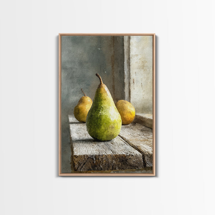 Rustic Pear Still Life on Plank Wood Framed Canvas Print, Farmhouse Art, Room Decor, Farmhouse Decor, Oil Painting, Harvest, FAR-2x3-51