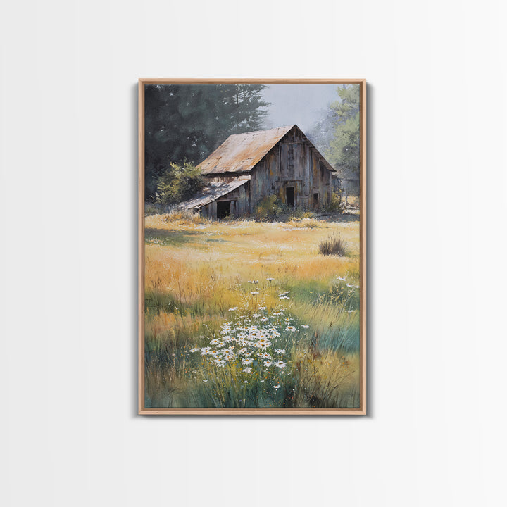Rustic Barn in Golden Field Light Canvas Print, Farmhouse Art, Digital Prints, Farmhouse Decor, Harvest, Watercolor Painting, FAR-2x3-58