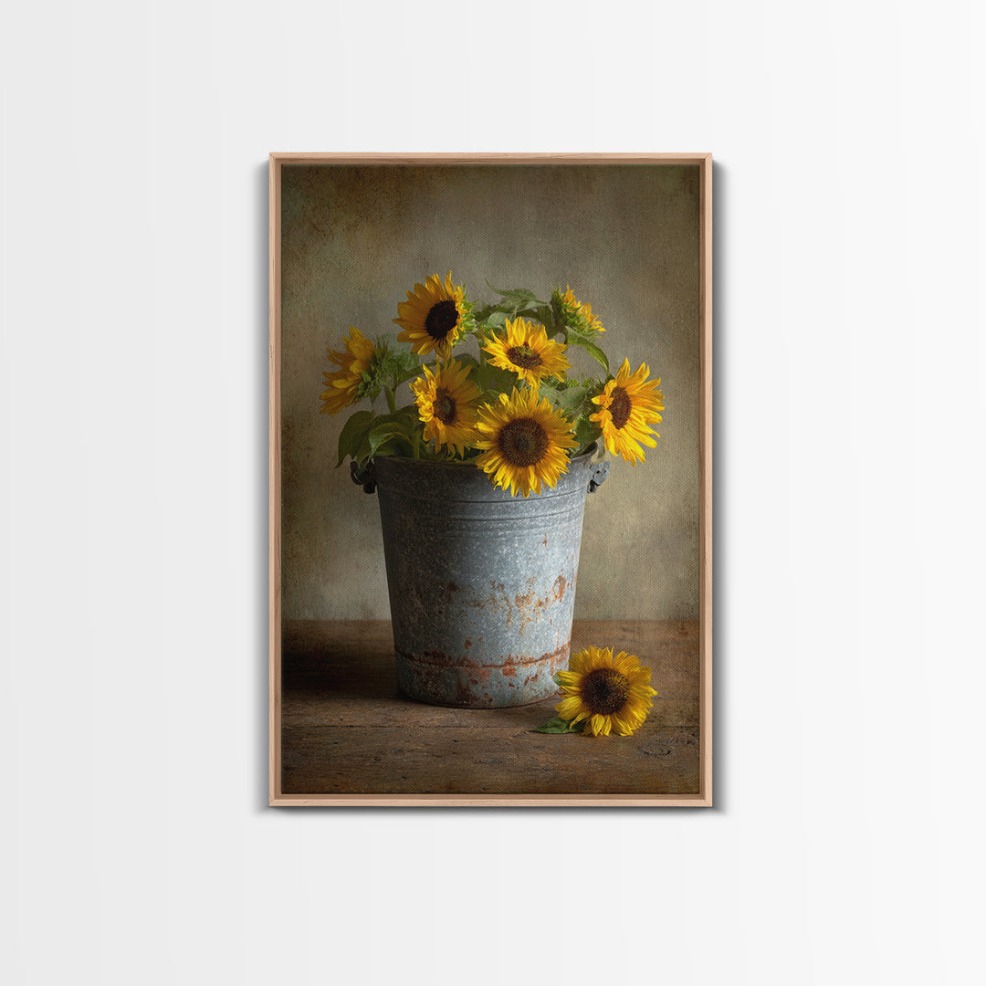 Sunflowers in a Galvanized Metal Bucket Framed Canvas Print, Farmhouse Art, Art, Farmhouse Decor, Watercolor Art, Harvest, FAR-2x3-59