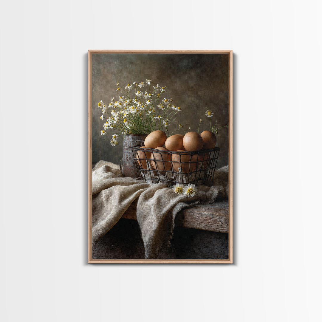 Fresh Eggs in a Wire Basket Canvas Print, Farmhouse Art, Farmhouse Decor, Abstract Art, Harvest, Sage Green Wall Art, FAR-2x3-62