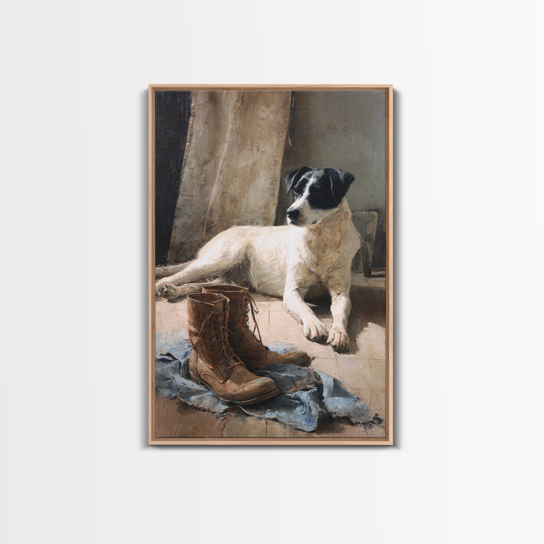 Farm Dog Lying Beside Weathered Boots Canvas Print, Farmhouse Art, Digital Wall Art, Farmhouse Decor, Fine Art, Harvest, FAR-2x3-65