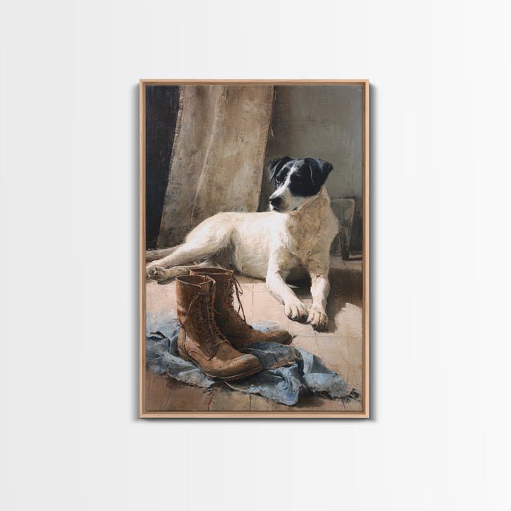 Farm Dog Lying Beside Weathered Boots Canvas Print, Farmhouse Art, Digital Wall Art, Farmhouse Decor, Fine Art, Harvest, FAR-2x3-65