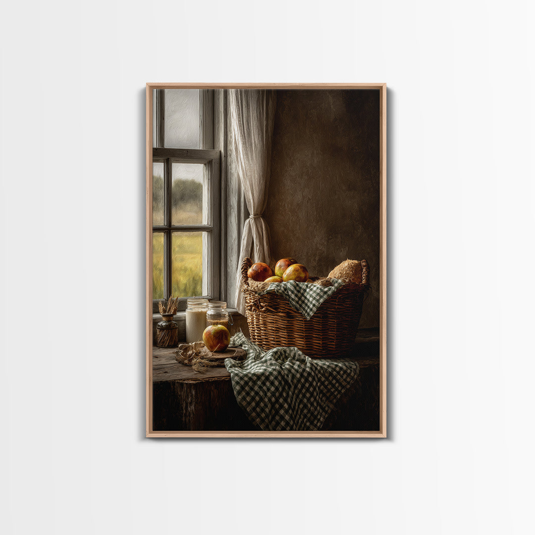 Apple Basket with Gingham Cloth Canvas Print, Farmhouse Art, Digital Prints, Farmhouse Decor, Harvest, Watercolor Painting, FAR-2x3-67