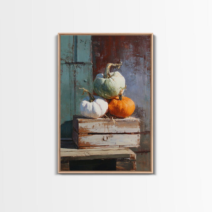 Pumpkins Stacked on a Wooden Crate Framed Canvas Print, Farmhouse Art, Digital Print, Farmhouse Decor, Fine Art, Harvest, FAR-2x3-69