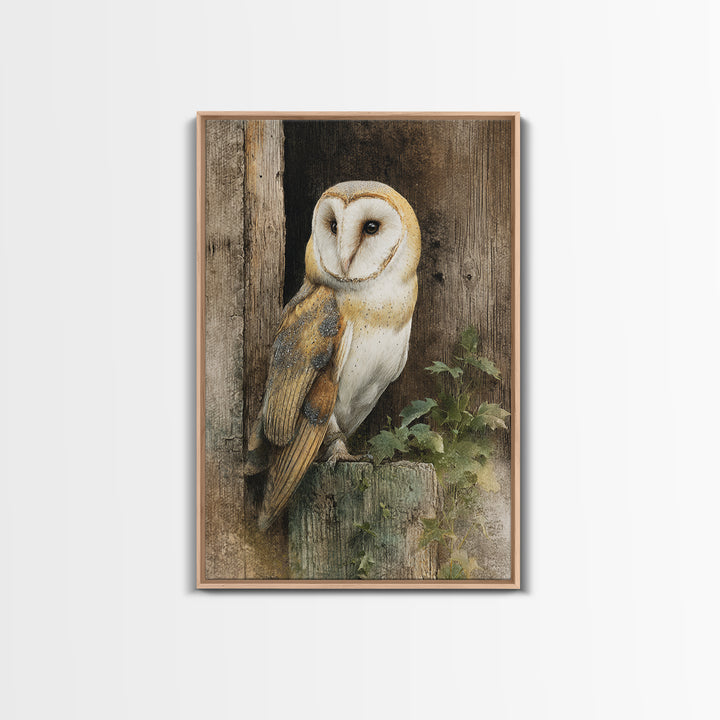 Barn Owl Perched on Aged Wood Canvas Print, Farmhouse Art, Floral Wall Art, Farmhouse Decor, Fine Art, Harvest, Boho Decor, FAR-2x3-7