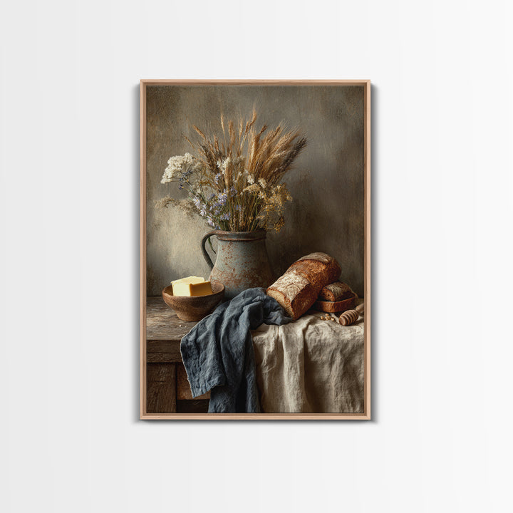 Fresh Bread Honey and Butter Still Life Framed Canvas Print, Farmhouse Art, Black Wall Art, Farmhouse Decor, Oil Painting, FAR-2x3-8