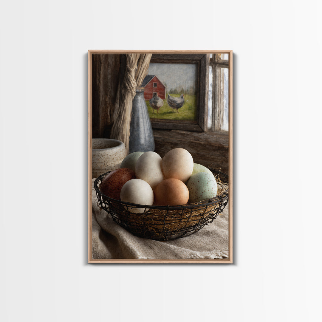 Fresh Eggs in a Wire Basket Canvas Print, Farmhouse Art, Farmhouse Decor, Abstract Art, Harvest, Sage Green Wall Art, FAR-2x3-86