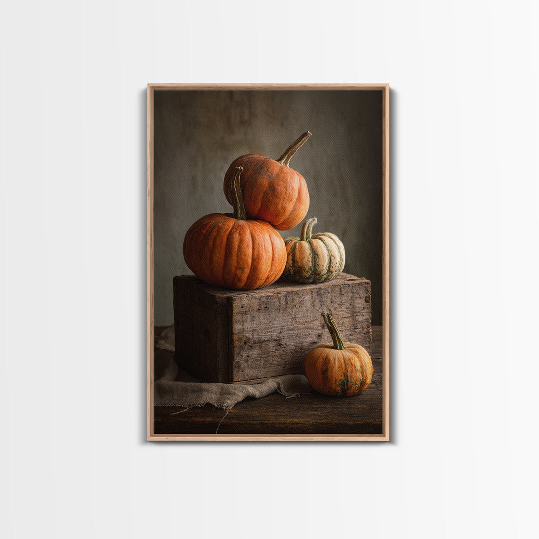 Pumpkins Stacked on a Wooden Crate Framed Canvas Print, Farmhouse Art, Digital Print, Farmhouse Decor, Fine Art, Harvest, FAR-2x3-93