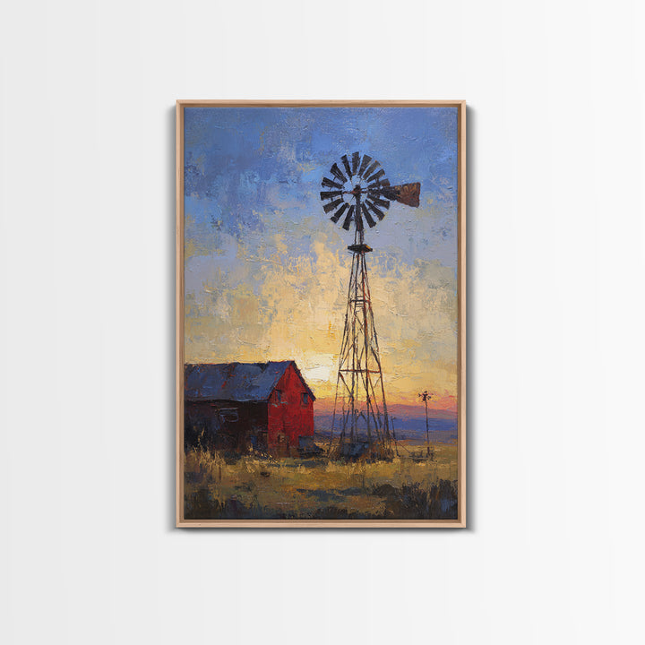 Windmill Silhouette at Sunset Framed Canvas Print, Farmhouse Art, Printable Art, Farmhouse Decor, Harvest, Landscape Painting, FAR-2x3-97