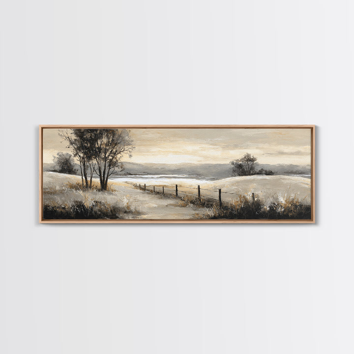 Rustic Barn in Golden Field Light Framed Canvas Print, Farmhouse Art, Oil Painting, Farmhouse Decor, Fine Art, Harvest, FAR-3x1-18
