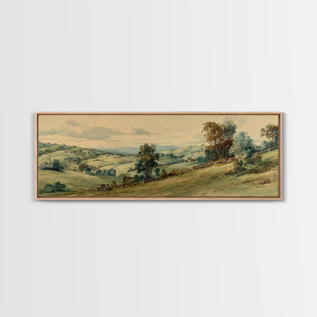 Country Landscape with Fence and Rolling Hills Canvas Print, Farmhouse Art, Farmhouse Wall Decor, Farmhouse Decor, Harvest, FAR-3x1-6