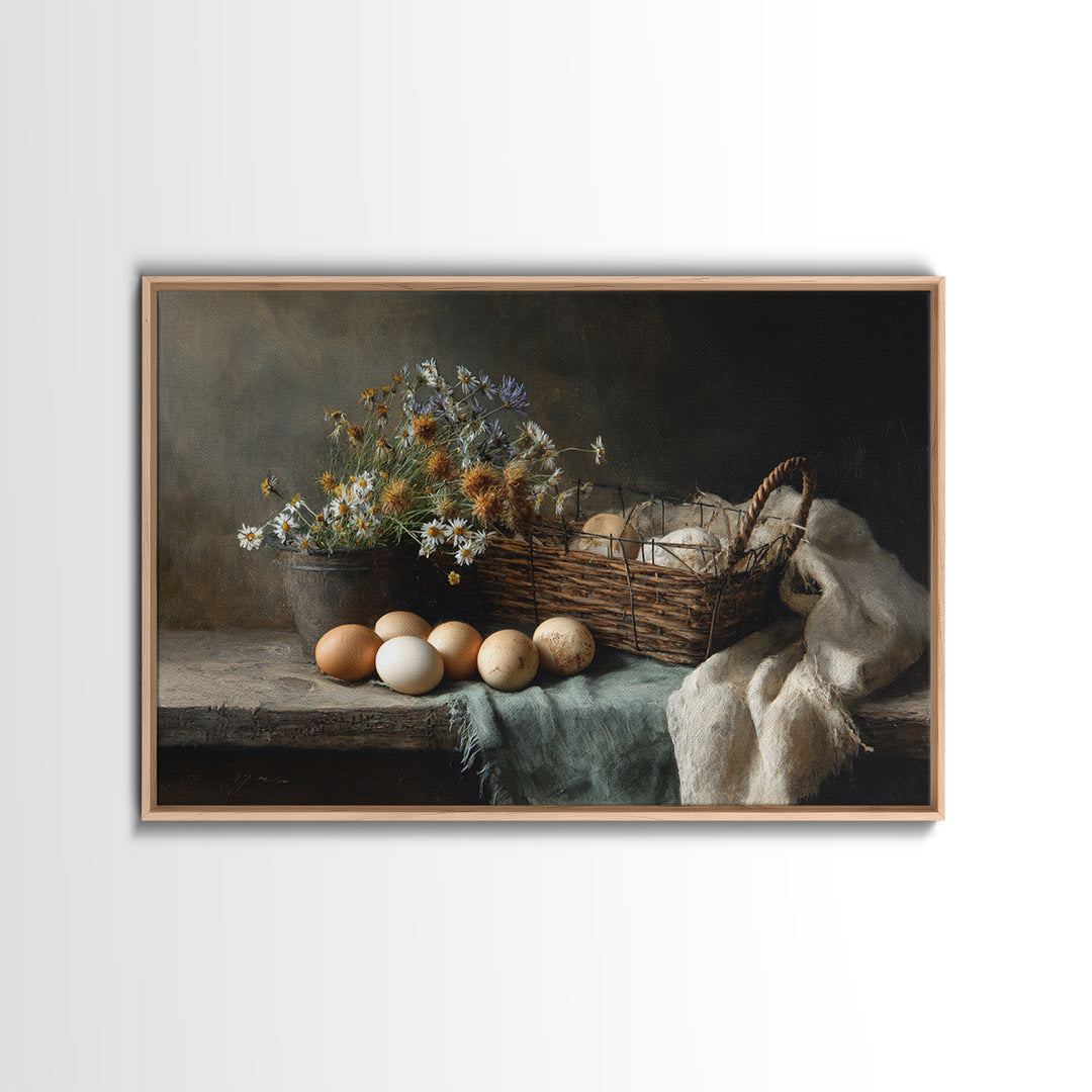 Fresh Eggs in a Wire Basket Framed Canvas Print, Farmhouse Art, Printable Art, Farmhouse Decor, Harvest, Landscape Painting, FAR-3x2-10