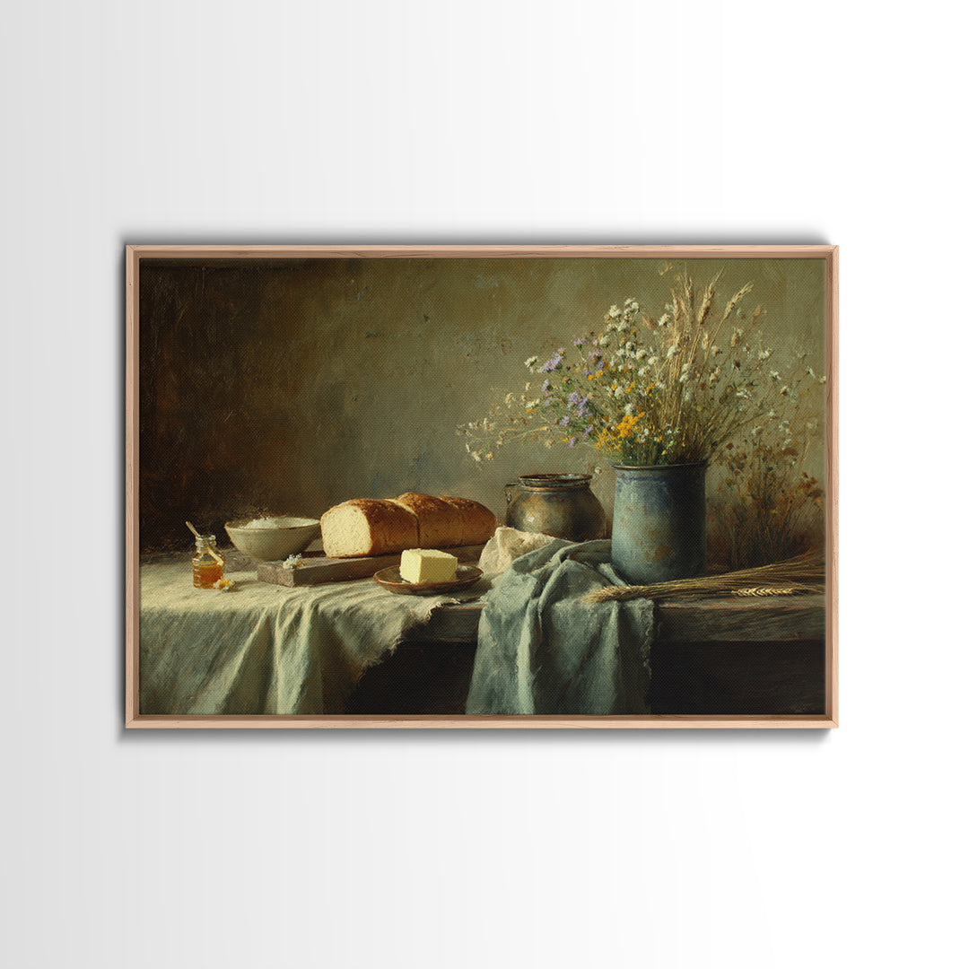 Fresh Bread Honey and Butter Still Life Framed Canvas Print, Farmhouse Art, Fine Art Print, Farmhouse Decor, Oil Painting, FAR-3x2-100