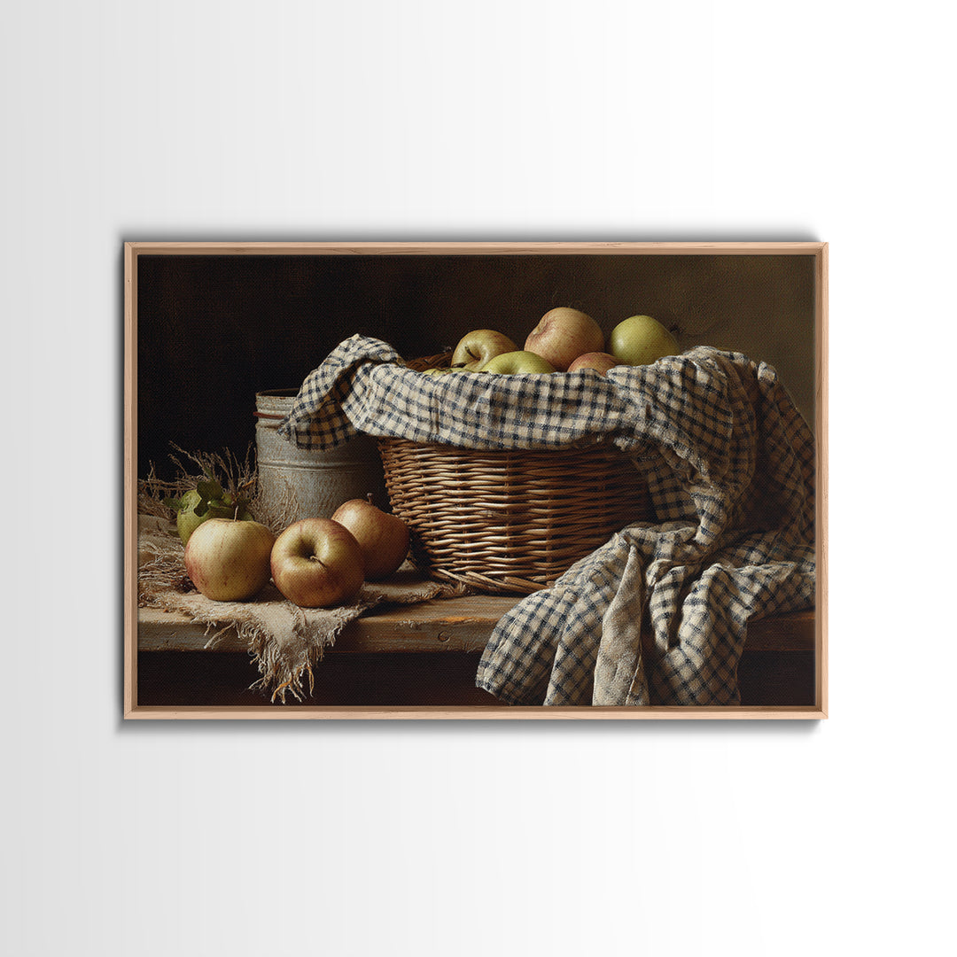 Apple Basket with Gingham Cloth Framed Canvas Print, Farmhouse Art, Oil Painting, Farmhouse Decor, Fine Art, Harvest, FAR-3x2-15