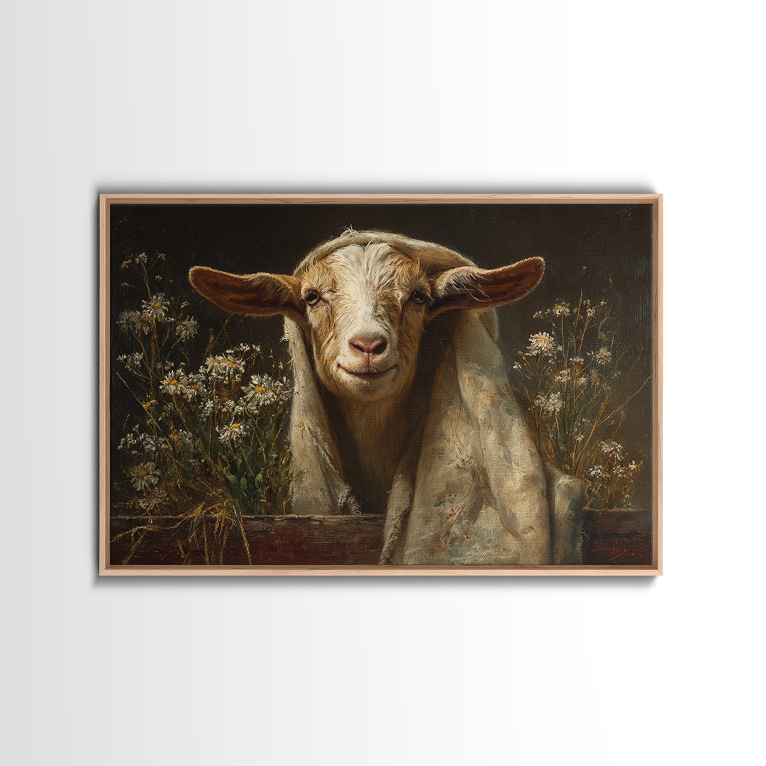 Goat Portrait with Playful Expression Canvas Print, Farmhouse Art, Oil Painting, Farmhouse Decor, Harvest, Farmhouse Wall Decor, FAR-3x2-22
