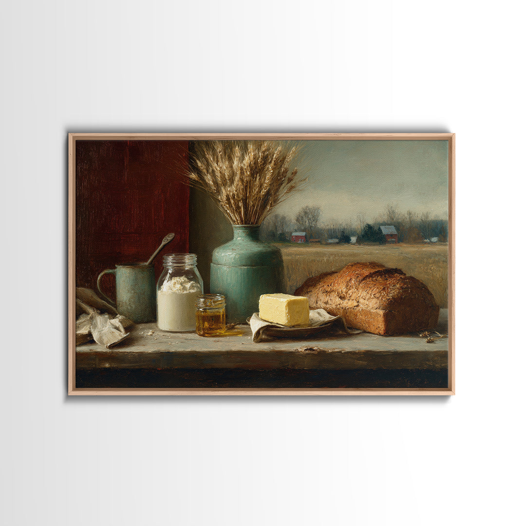 Fresh Bread Honey and Butter Still Life Framed Canvas Print, Farmhouse Art, Digital Print, Farmhouse Decor, Fine Art, Harvest, FAR-3x2-28