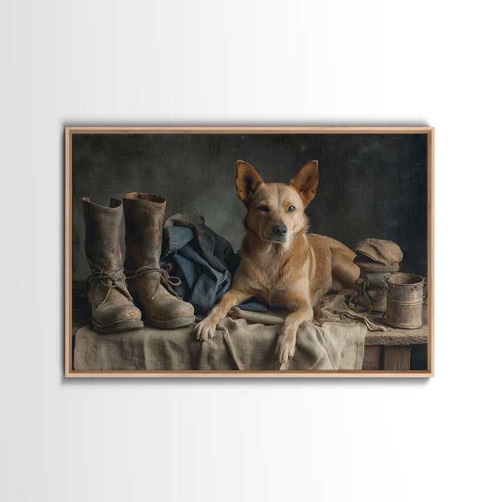 Farm Dog Lying Beside Weathered Boots Canvas Print, Farmhouse Art, Farmhouse Wall Decor, Farmhouse Decor, Oil Painting, Harvest, FAR-3x2-37