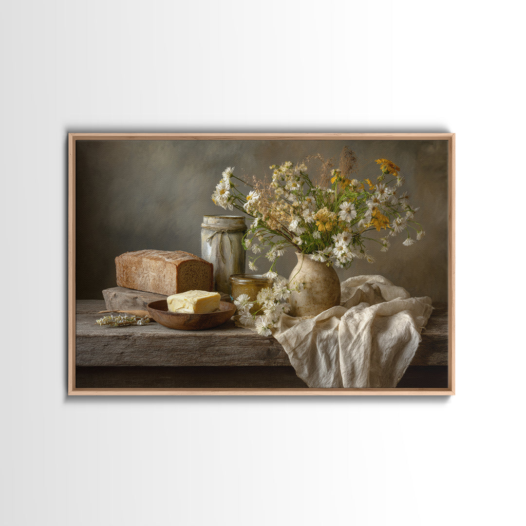 Fresh Bread Honey and Butter Still Life Canvas Print, Farmhouse Art, Digital Prints, Farmhouse Decor, Oil Painting, Harvest, FAR-3x2-4