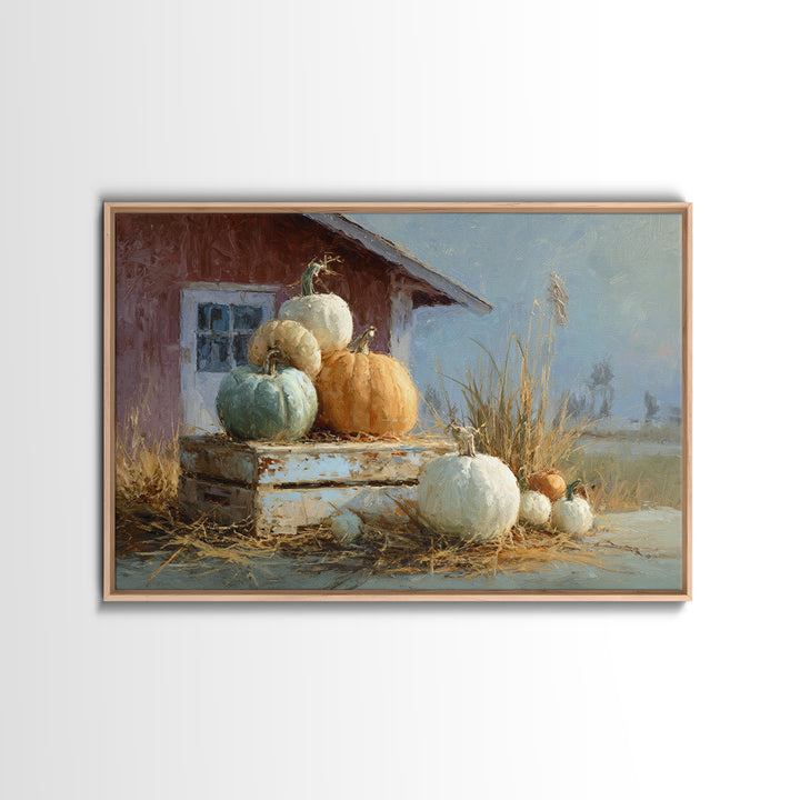 Pumpkins Stacked on a Wooden Crate Framed Canvas Print, Farmhouse Art, Botanical Prints, Farmhouse Decor, Watercolor Art, FAR-3x2-41