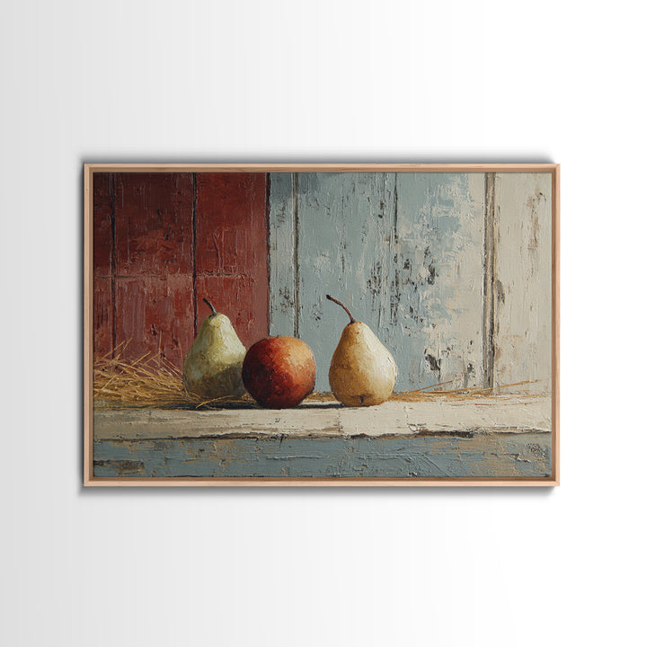 Rustic Pear Still Life on Plank Wood Framed Canvas Print, Farmhouse Art, Room Decor, Farmhouse Decor, Oil Painting, Harvest, FAR-3x2-47