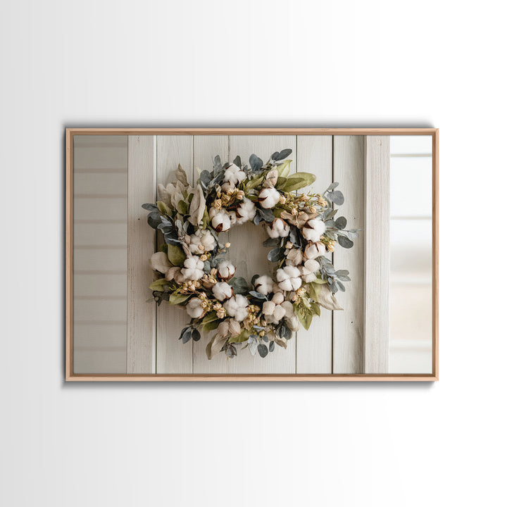 Farmhouse Wreath of Cotton Stems and Eucalyptus Canvas Print, Farmhouse Art, Farmhouse Wall Decor, Farmhouse Decor, Harvest, FAR-3x2-48