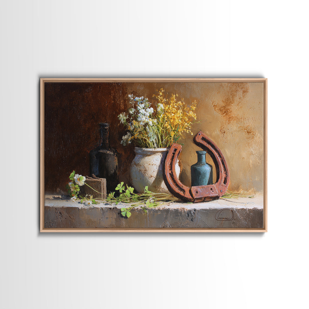 Weathered Horseshoe and Wildflowers Canvas Print, Farmhouse Art, Landscape Painting, Farmhouse Decor, Oil Painting, Harvest, FAR-3x2-49