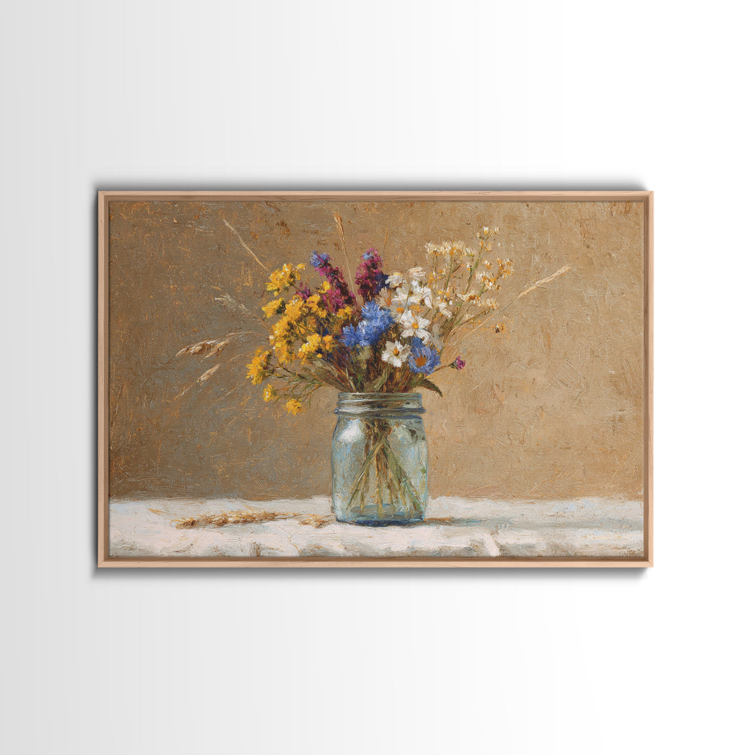 Wildflowers in a Mason Jar on Linen Framed Canvas Print, Farmhouse Art, Art Print, Farmhouse Decor, Fine Art, Harvest, FAR-3x2-59