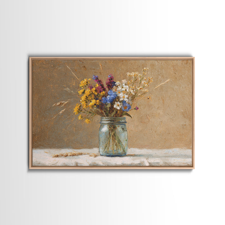 Wildflowers in a Mason Jar on Linen Framed Canvas Print, Farmhouse Art, Art Print, Farmhouse Decor, Fine Art, Harvest, FAR-3x2-59