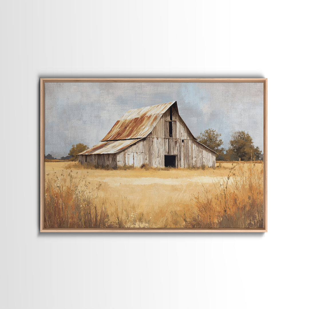 Rustic Barn in Golden Field Light Framed Canvas Print, Farmhouse Art, Digital Print, Farmhouse Decor, Fine Art, Harvest, FAR-3x2-6