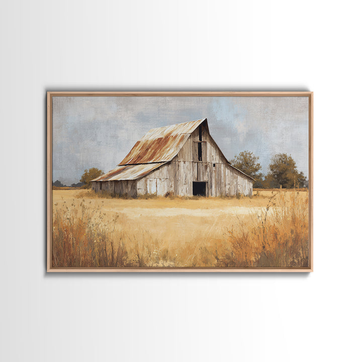 Rustic Barn in Golden Field Light Framed Canvas Print, Farmhouse Art, Digital Print, Farmhouse Decor, Fine Art, Harvest, FAR-3x2-6