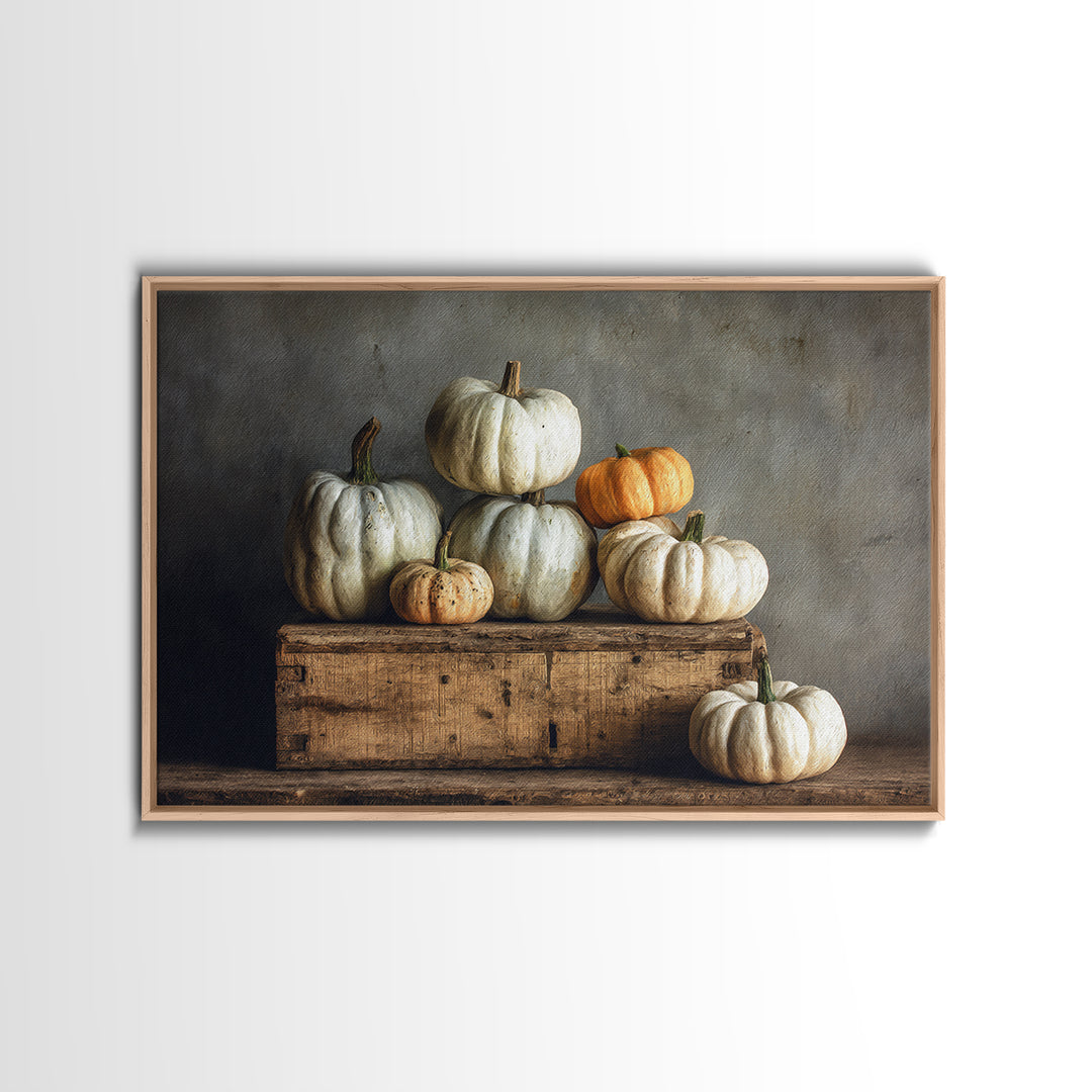 Pumpkins Stacked on a Wooden Crate Framed Canvas Print, Farmhouse Art, Botanical Prints, Farmhouse Decor, Watercolor Art, FAR-3x2-65