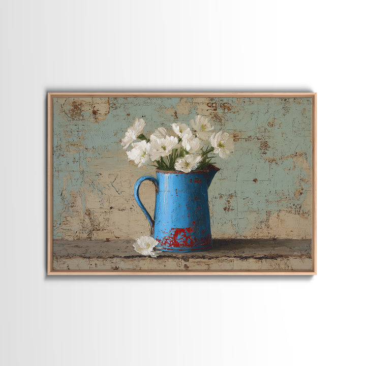 Blue Enamel Pitcher Canvas Print, Farmhouse Art, Neutral Decor, Farmhouse Decor, Oil Painting, Harvest, Wall Art, Home Decor, FAR-3x2-68
