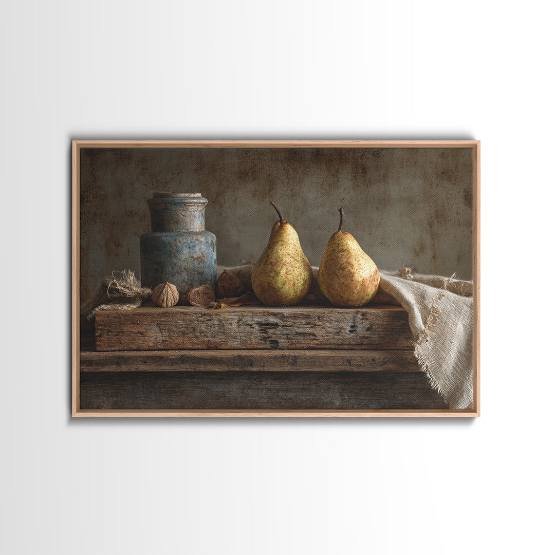 Rustic Pear Still Life on Plank Wood Framed Canvas Print, Farmhouse Art, Sage Green Wall Art, Farmhouse Decor, Watercolor Art, FAR-3x2-71