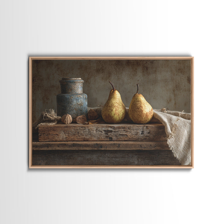 Rustic Pear Still Life on Plank Wood Framed Canvas Print, Farmhouse Art, Sage Green Wall Art, Farmhouse Decor, Watercolor Art, FAR-3x2-71