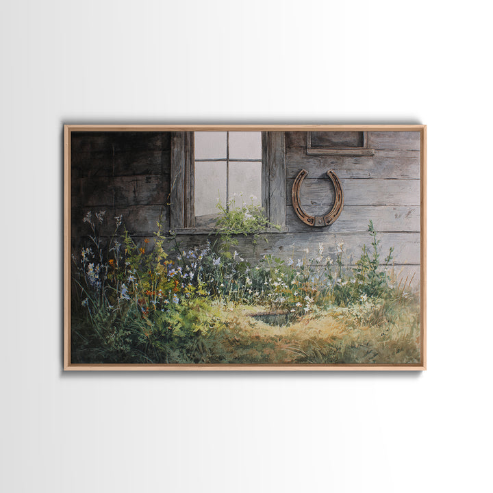 Weathered Horseshoe and Wildflowers Canvas Print, Farmhouse Art, Landscape Painting, Farmhouse Decor, Oil Painting, Harvest, FAR-3x2-73