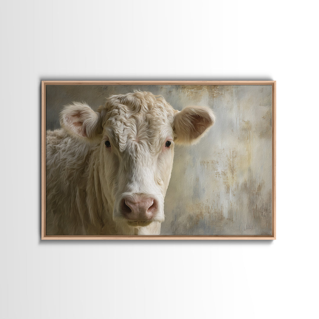 White Cow Portrait Framed Canvas Print, Farmhouse Art, Gallery Decor, Farmhouse Decor, Oil Painting, Harvest, Contemporary Art, FAR-3x2-77