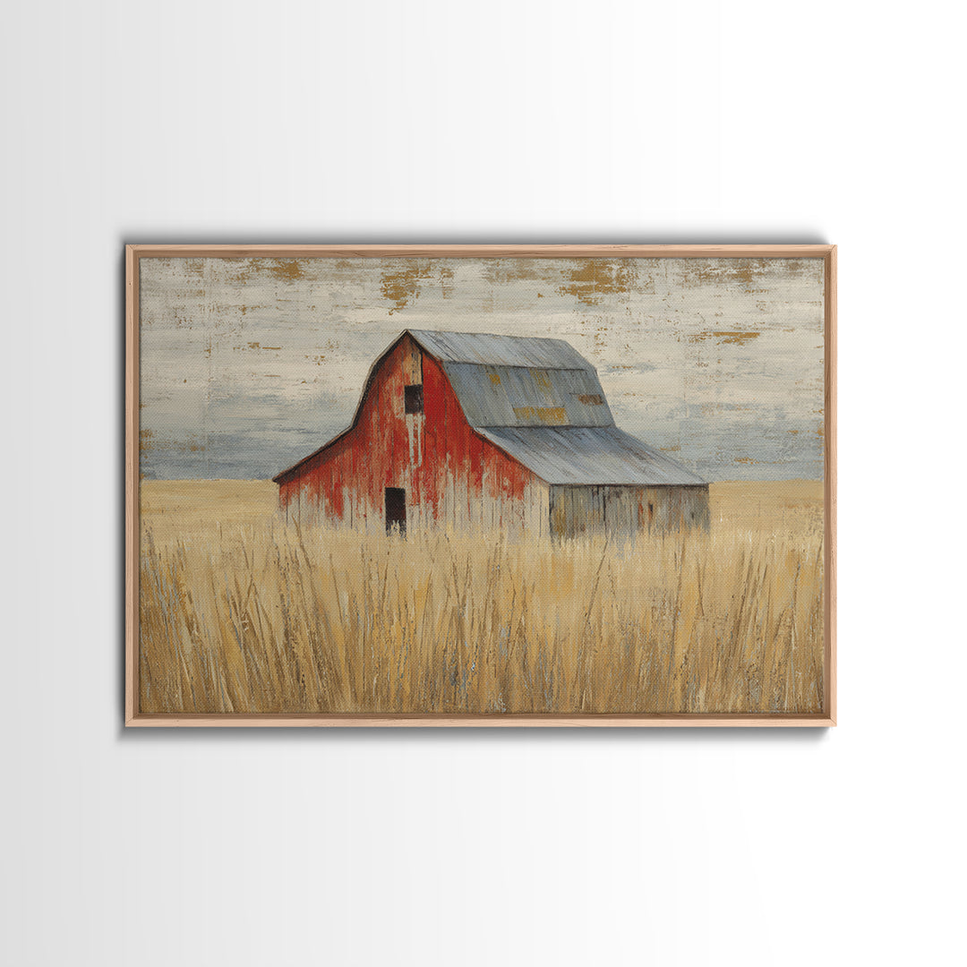 Rustic Barn in Golden Field Light Framed Canvas Print, Farmhouse Art, Botanical Prints, Farmhouse Decor, Fine Art, Harvest, FAR-3x2-78