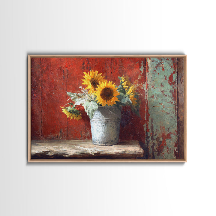 Sunflowers in a Galvanized Metal Bucket Framed Canvas Print, Farmhouse Art, Gallery Wall, Farmhouse Decor, Watercolor Art, FAR-3x2-79