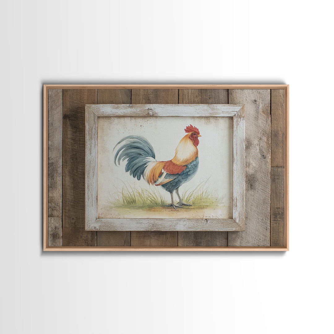 Rooster Painted in Cheerful Folk Colors Framed Canvas Print, Farmhouse Art, Printable Art, Farmhouse Decor, Oil Painting, FAR-3x2-8