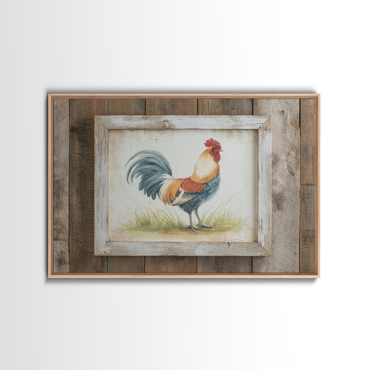Rooster Painted in Cheerful Folk Colors Framed Canvas Print, Farmhouse Art, Printable Art, Farmhouse Decor, Oil Painting, FAR-3x2-8